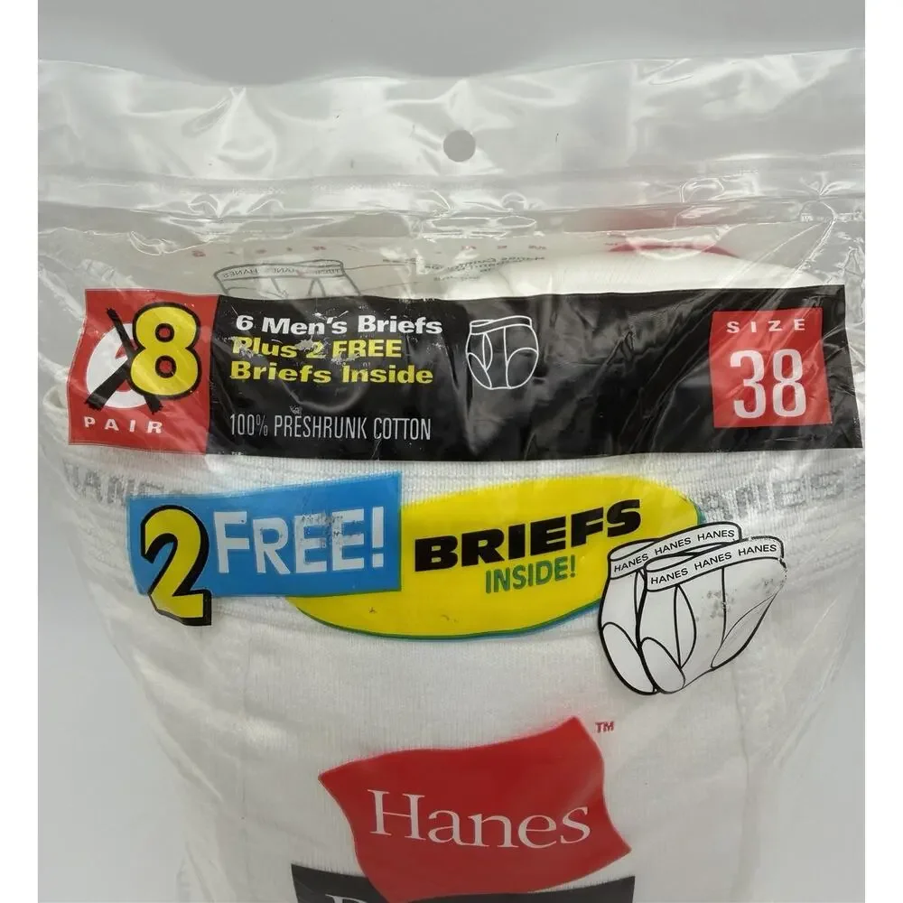 Hanes Men Briefs White Sz 38 Underwear 8 pk Vtg 2001 Preshrunk Cotton